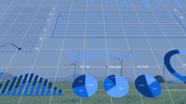 Rüzgar türbinleri 3 boyutlu animasyonla görselleştiriliyor, mavi ızgarayı çizgi, çubuk ve pasta grafikleriyle gösteriyor. Yenilenebilir, sürdürülebilirlik, teknoloji, görselleştirme, enerji, çevre dostu, dijital