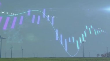 Merkezin solunda duran rüzgar türbini cyan bar grafiklerini gösteriyor, alanın üzerinde akan çizgi grafiği. Yenilenebilir kaynaklar, sürdürülebilirlik, enerji, teknoloji, veri görselleştirme, modern, çevresel
