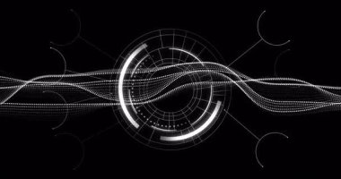 Merkezi dairesel HUD arayüzü akışkan noktalı dalgaların üzerinde, çizgiler ve yarım dairelerle yüzüyor. Fütürist, teknoloji, arayüz, dijital, soyut, parlak, tek renkli