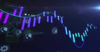 Dijital finans tablosu mor ve cyan çizgileri, parlayan çizgiler, yüzen altıgen simgeleri gösteriyor. Teknoloji, yenilik, analitik, gösterge paneli, veri görselleştirme, gelecekçilik, arayüz