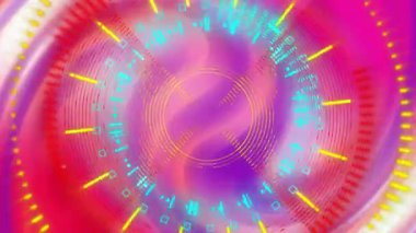 Sarı halka etrafında titreşen eş merkezli dalga biçimi çubukları mor gradyan üzerinde hareketli bir görüntü oluşturur. Soyut, dijital sanat, hareket grafikleri, veri görselleştirmesi, canlı, geleceksel, multimedya