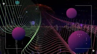 Neon gradyan dalga formları 3 boyutlu olarak akıyor, yüzen mor küreler veri gösteriyor. Fütürist, enerjik, teknoloji, veri, görselleştirme, dijital sanat, soyut