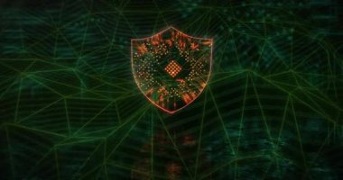 Neon kablo ağında yüzen parlayan devre kalkanı, dijital düğümler ve parçacıklar içeriyor. Siber güvenlik, dijital, fütürizm, teknoloji, koruma, sanal, yenilik