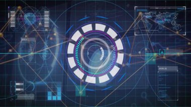 Merkezde dönen, parlayan veri panelleri ve ağ çizgileri gösteren hareketli fütüristik HUD göstergesi. Futuristik, teknoloji, arayüz, dijital, siber, bilgi, veri görselleştirme