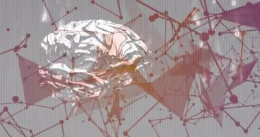 Gümüş 3D beyin heykeli çizgilerin üzerinde süzülüyor, parlayan ağ düğümlerini ve ikili kodları birbirine bağlıyor. Gelecekçi, yenilikçi, teknoloji, dijital, bağlantı, soyut, siber