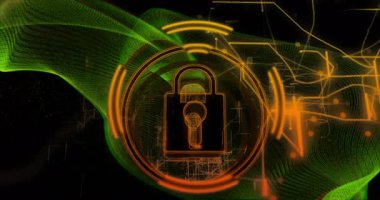 Merkezde yüzen turuncu asma kilit ikonu, halkalar, yeşil ağ dalgası ve devre hatları ile çerçevelenmiş. Güvenlik, siber, dijital, teknoloji, koruma, ağ, şifreleme