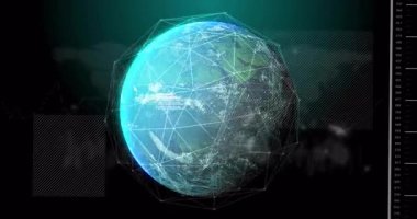 Üç boyutlu arayüzde dönen holografik dünya küresi, kablo ağı ve veri panellerini gösteriyor. Fütüristik, teknoloji, veri görselleştirme, dijital arayüz, ağ, soyut, sarmal