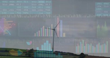 Yeşil yamaçta duran tek bir modern rüzgar türbini animasyon veri örtüleri ve grafikler sergiliyor. Yenilenebilir, sürdürülebilirlik, teknoloji, yenilik, manzara, çevre dostu, veri görselleştirme