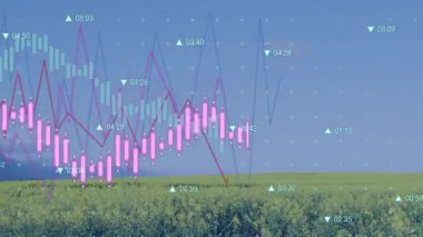 Finansal tablolar düz dizayndaki kırsal ekin alanının üzerinde şamdan barları ve çizgi grafiklerini gösteriyor. Tarım, analitik, yenilik, açık hava, doğal, büyüme, teknoloji