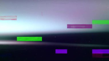 Arızalı dikdörtgenler uzay arayüzünde yüzüyor, parlayan yatay bant arıza efekti ekliyor. Gelecek teknolojisi, siber punk, dijital sanat, soyut tasarım, bilim kurgu, neon estetik, atmosfer