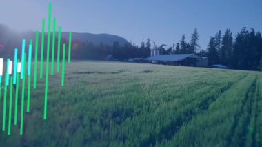 Havadan tarlaları kaplayan dijital veri çubukları, alanın üzerinde yükselen kırmızı ve cyan trend çizgilerini gösteriyor. Teknoloji, analitik, tarım, dronlar, görselleştirme, sürdürülebilirlik, yenilik