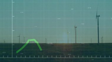 Türbinler ve sayısal etiketlerle gün batımında parlayan ızgara boyunca ilerleyen yeşil çizgi çizelgesi. Yenilenebilir enerji, manzara, teknoloji, sürdürülebilirlik, analitik, fütürizm