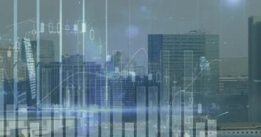 Finansal tablolar kentsel ufuk çizgisinin üzerinde süzülüyor, parmaklıkları ve renkli çizgi grafiklerini 3D renkle kaplıyor. Finans, veri görselleştirme, analitik, teknoloji, iş, yatırım, modern