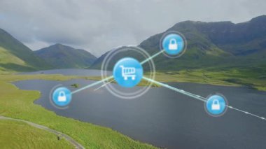 Alışveriş arabası ve asma kilit ikonları göl üzerinde yüzüyor ve çimenli tepeler parlak mavi çizgilerle birleşiyor. Teknolojik, gelecekçilik, bağlantı, dijital, çevre, yenilik, doğadan esinlenilmiş