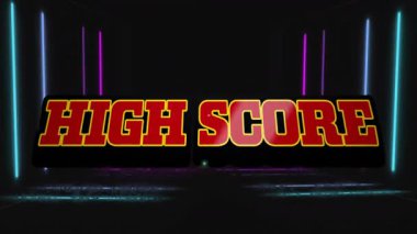 Kırmızı harfleri ve renkli ışık çubuklarını yansıtan neon atari sahnesinde yüksek puan işareti yanıp sönüyor. Neon, retro, digital, futuristik, yansıtıcı, atari salonu, canlı