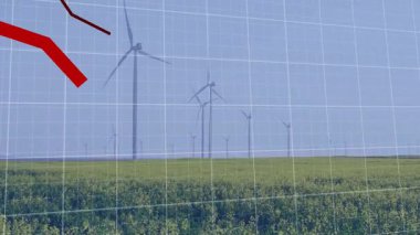 Rüzgar türbinleri yeşil alan üzerinde dönerken, kırmızı çizgi grafiği düz bir dizayn ile şebekeye iniyor. Sürdürülebilirlik, yenilenebilirlik, enerji, çevre dostu, çevre, manzara, teknoloji