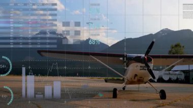 Tek motorlu uçak asfalt üzerinde görselleştirilirken pasta çubuğu çizelgeleri dünya haritasını örtüyor. Havacılık, analitik, görselleştirme, teknoloji, ulaşım, manzara, açık hava