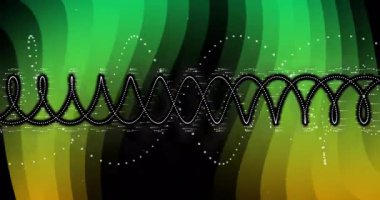 Noktalı sinüs dalgası soyut dijital uzayda gradyan bantlar ve parçacıklar ile görselleştiriliyor. Soyut, fütüristik, multimedya, hareket, dijital, canlı, teknoloji