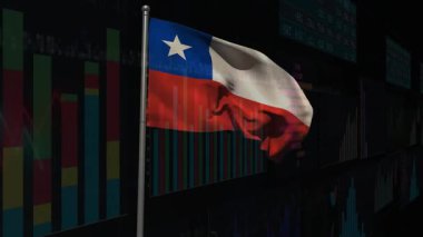 Şili bayrağı metalik kutupta dalgalanıyor, üç boyutlu oluşturma ortamında finansal veri örtüleri gösteriliyor. Vatanseverlik, finans, dijital, teknoloji, analitik, borsa, veri görselleştirme