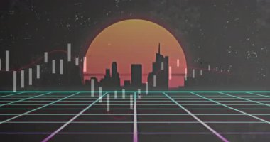 Kırmızı güneşin arkasında gökyüzü çizgisi oluşturulurken neon şebeke genişliyor ve şamdan çubukları havada süzülüyor. Fütürist, siber punk, teknoloji, dijital, yenilik, kentsel, soyut