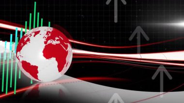 Beyaz küre, şebeke üzerinde yüzen kırmızı Amerika 'ları gösteriyor, yeşil mavi çizgileri ve ışık yollarını gösteriyor. Küreselleşme, veri görselleştirme, finansal büyüme, teknoloji, analitik, dijital yenilik, iş zekası