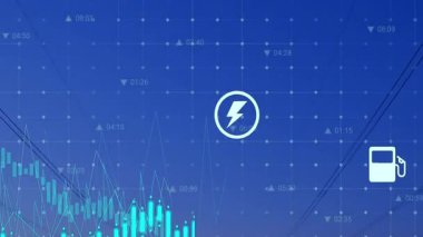 Dijital finansal arayüz alacakaranlık kulelerinin üzerinde süzülüyor, şamdan çubukları ve çizgi grafikleri yansıtıyor. Finansal analiz, veri görselleştirme, teknoloji, altyapı, açık hava, dijital, modern