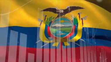 Yarı saydam finansal grafikler altında dalgalanan Ekvador bayrağı düz tasarımdaki veri eğilimlerini haritalıyor. Vatanseverlik, dijital, görselleştirme, veri, finans, modern, soyut