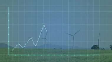Kırsal rüzgar çiftliği üzerinde beyaz türbinler, kılavuz çizgileri ve veri noktalarıyla Cyan çizgi grafiği canlandırılıyor. Analizler, sürdürülebilirlik, yenilenebilirlik, ekolojik, görselleştirme, çevre, veri