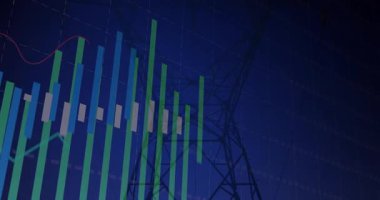 Düz animasyondaki çubuklar ve kırmızı trend çizgisiyle kule siluetindeki veriler gösteriyor. Veri görselleştirme, analitik, finansal, minimalist, teknoloji, iş dünyası, dijital