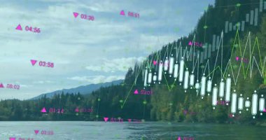 Finansal şema, göl üzerinde yüzen düz tasarım, şamdan çubukları, çizgi grafiği. Doğa, veri görselleştirme, açık hava, sükunet, analitik, teknoloji, manzara