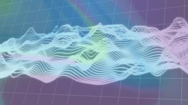 3 boyutlu pastel dijital dalga biçimi ağ, noktalı çizgiler içeren sessiz şebeke arkaplanının üzerinden akıyor. Gelecekçi, modern, enerjik, soyut, teknolojik, minimalist, dinamik