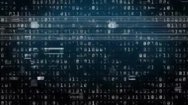 Düz dizaynda yüzen ikili basamaklar arıza çizgilerini ve gürültü yapıtlarını gösteriyor. Fütürist, siber, dijital, soyut, teknoloji, veri, kod