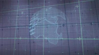 Kıtanın ana hatlarını yansıtan holografik küre ve neon şebekesinde işaretleri gösteren yayın kodu. Küresel, teknoloji, geleceksel, dijital, veri, arayüz, görselleştirme