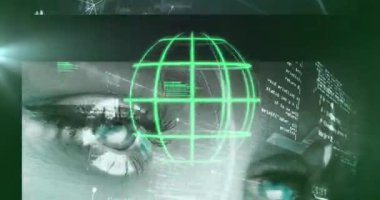 Parlak yeşil kablo küresi 3 boyutlu arayüzde dönüyor, ağ örgüsü ve yüzen kodu gösteriyor. Gelecekçi, dijital, teknoloji, veri, engelleme zinciri, siber güvenlik, sanal