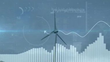 Rüzgar türbini mavi arkaplanda dönüyor, dijital çubukları, göstergeleri, dalga biçimini gösteriyor. Yenilenebilir, teknoloji, veri, analitik, sürdürülebilirlik, yenilik, soyut