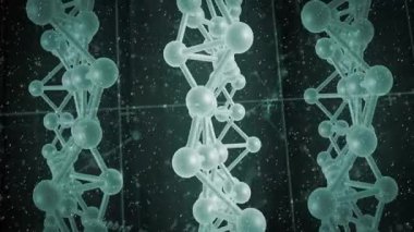 Teal moleküler sarmalları, parlayan veri örtüleri içeren, üç boyutlu bir ızgara arayüzü oluşturur. Soyut, bilimsel, geleceksel, teknoloji, görselleştirme, dijital, yapı