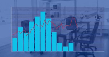 Çizgi ve çubuk çizelgesi ofis üzerinde kırmızı çizgiyle kayan turkuaz çubuklar içeren animasyonları kapsıyor. Analizler, veri görselleştirme, gösterge paneli, kurumsal, profesyonel, modern, soyut