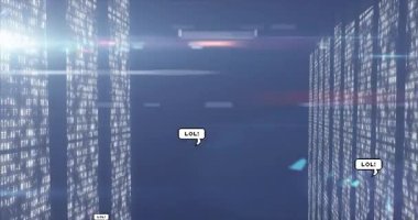 Piksel baloncuk kümesi LOL 'nin parlayan kod akışlarında akışını gösteriyor, hatalı ışıklarla birlikte. Dijital, fütüristik, soyut, siber, teknoloji, neon, arıza
