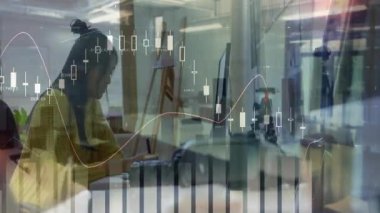 Kadın, şamdan grafiği ve finans için dolar değerlerini gösteren bir monitör referans notu yazıyor. Profesyonel, analitik, minimalist, finansal, çalışma alanı, modern, üretkenlik