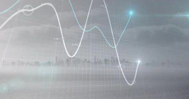 Şeffaf ızgaranın üzerinde dijital çizgi grafiği, parlayan düğümle Cyan ve White Curves 'i takip ediyor. Fütüristik, veri görselleştirme, teknoloji, analitik, soyut, sürükleyici, yenilikçi