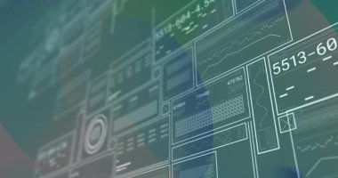 Merkez panel canlı veri grafiğini gösteriyor, düz tasarımda koyu yeşil üzerinde renkli daireler gösteriyor. Gelecek, teknoloji, veri, arayüz, görselleştirme, soyut, katmanlı