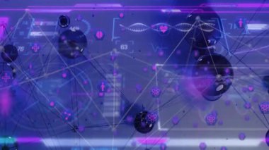 Parlak siyah küreler, UI simgeleri animasyonu ile düğümleri birbirine bağlayan üç boyutlu görüntüleme ile dijital ağ oluşturuyorlar. Gelecekçi, teknoloji, ağ, veri, siber, arayüz, görselleştirme