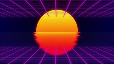 Retro-gelecekçi manzara turuncu yarım daire güneş ile parlıyor ve neon mor şebekeye yansıyor. Siber uzay, bilim kurgu, neon, soyut, dijital, distopyan, canlı