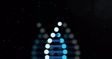 Siyah zemin üzerinde yüzen biçimlendirilmiş DNA sarmalı, çubukları birleştiren alternatif mavi daireler içeriyor. Moleküler, geleceksel, bilimsel, teknoloji, soyut, yenilik, dijital