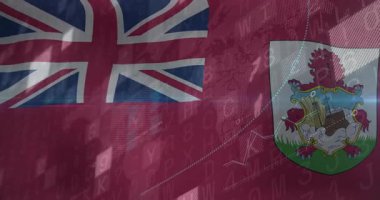 Bermuda bayrağı, işaret fişekleri ve noktalı dünya haritalarıyla ikili rakamların altında dalgalanıyor. Vatanseverlik, milliyetçilik, dijital sanat, soyut, teknoloji, yenilik, küresel