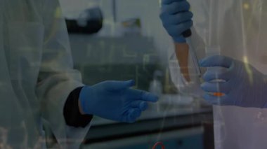 Bilimsel deney düz dizayn laboratuvar sahnesinde canlandırılıyor, pipeti gösteriyor, dijital kaplama. Araştırma, yenilik, teknoloji, kesinlik, biyoteknoloji, analitik, modernite