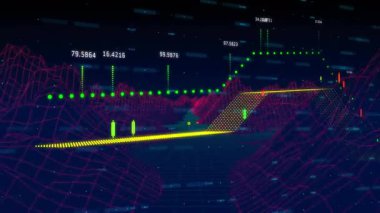 Neon pembe kablo ızgarası üzerinde yükselen yeşil noktalı 3D grafik yüzen sayısal etiketleri gösteriyor. Fütürist, teknoloji, analitik, dijital, sanal, gradyan, minimalist