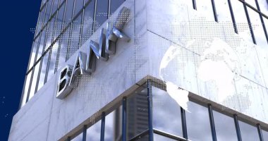 Mermer cephede 3 boyutlu krom rendelenmiş BANK harfleri sergileniyor, cam paneller üzerinde dünya haritasını örtüyor. Modern, kurumsal, minimalist, finansal, profesyonel, mimari, kentsel