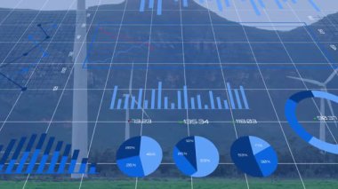 Rüzgar türbinleri 3 boyutlu ızgara ile dönüyor bar bar çizelgelerini örtüyor, donut çizelgesi yeşil düzlükte. Yenilenebilir, sürdürülebilirlik, analitik, teknoloji, çevre, veri görselleştirme, çevre dostu