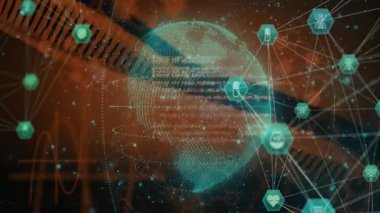 Teal parçacık küresi merkezde dönüyor, turuncu DNA kurdelesini ve ağlı tıbbi ikonları vurguluyor. Futuristik, teknolojik, biyoteknoloji, dijital, sağlık, arayüz, veri görselleştirmesi